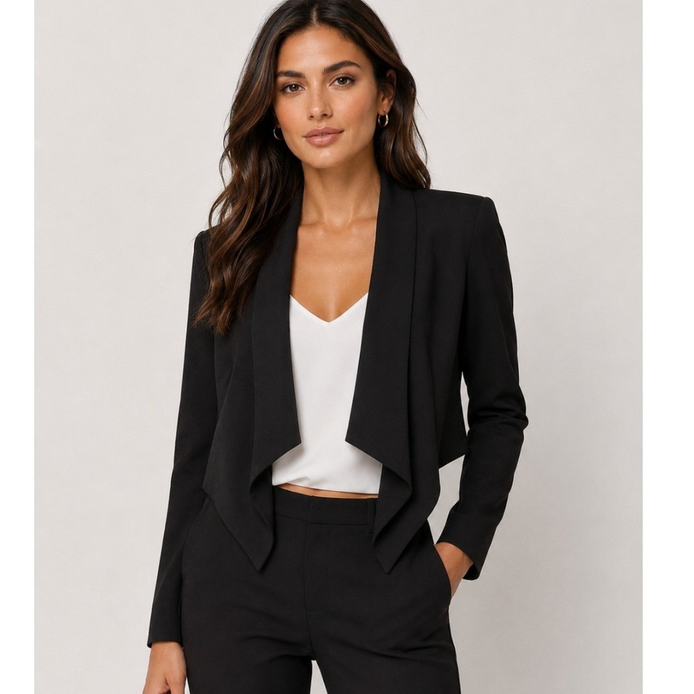 BCBGMAXAZRIA Candice Draped Open Front Blazer Black Cropped Back M Asymmetrical